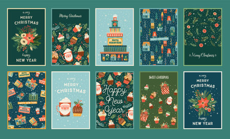 Set of Christmas and Happy New Year cards. Cute bright illustrations with New Year symbols.のイラスト素材