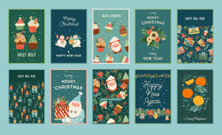 Set of Christmas and Happy New Year cards. Cute bright illustrations with New Year symbols.のイラスト素材