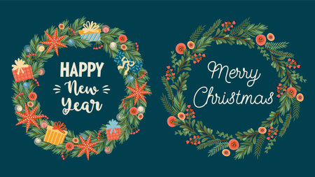 Christmas and Happy New Year wreaths. Garlands, Christmas tree, light bulbs, decoration. New Year symbols. Vector template.のイラスト素材