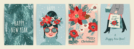 Christmas and Happy New Year illustration for cards and other use. Trendy retro style. Vector designsのイラスト素材