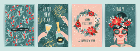 Christmas and Happy New Year illustration for cards and other use. Trendy retro style. Vector designsのイラスト素材