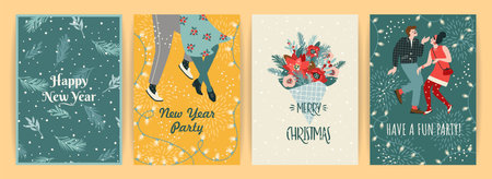Christmas and Happy New Year illustration for cards and other use. Trendy retro style. Vector designsのイラスト素材