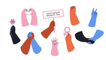 Illustration of abstract female hands. International Womens Day. Womens Equality. Isolated designのイラスト素材