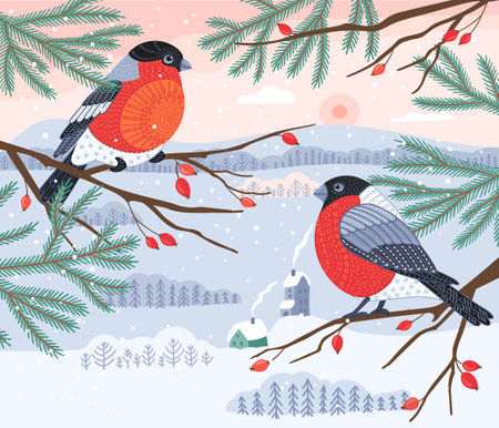 Decorative illustration of bullfinches in nature. Vector design elementのイラスト素材
