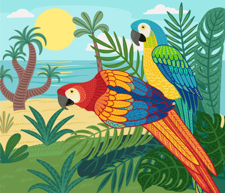 Decorative illustration of macaw parrots in nature. Vector design elementのイラスト素材