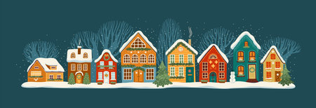 Holiday Village illustration. City, houses, Christmas trees, snow. New Year and Christmas symbols. Vector designのイラスト素材