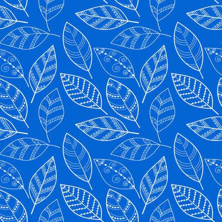 Vector seamless leaf pattern on a blue background.Seamless vector flower wallpaper.Decorative vintage pattern in an abstract style with leaves.Two color ornament with white leaves on a blue backgroundのイラスト素材