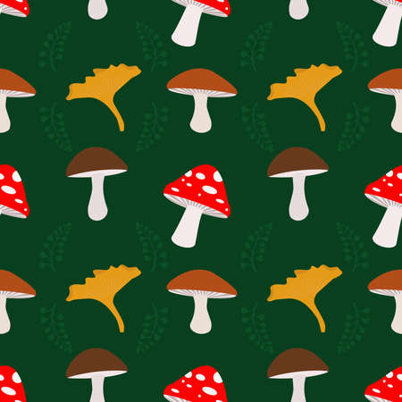 Vector seamless pattern of mushrooms. Autumn pattern. A bright, repetitive texture for the autumn season. Design of postcards, prints made of wrapping paper, packaging.のイラスト素材
