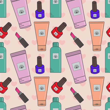 Vector seamless pattern of cosmetics. Creams, lipstick, nail polish, face masks. Cosmetics store, beauty salon, postcard design, prints made of wrapping paper and packaging. Sketch a fashionable bannerのイラスト素材