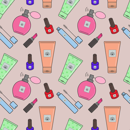 Vector seamless pattern of cosmetics.Creams,lipstick, nail polish, face masks. Cosmetics store, beauty salon, postcard design,prints made of wrapping paper and packaging.Sketch a fashionable banner.のイラスト素材
