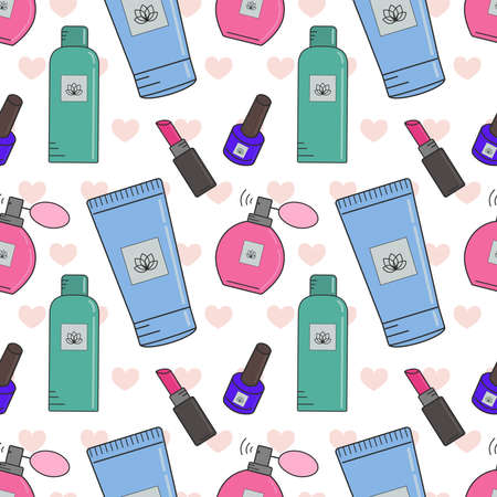 Vector seamless pattern of cosmetics.Creams,lipstick, nail polish, face masks. Cosmetics store, beauty salon, postcard design,prints made of wrapping paper and packaging.のイラスト素材