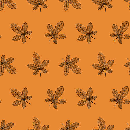 Seamless pattern with chestnut leaves with an unusual pattern. Vector isolated background with the contours of fallen leaves. Texture for textiles or wrapping paper. Autumn pattern.Vector illustrationのイラスト素材
