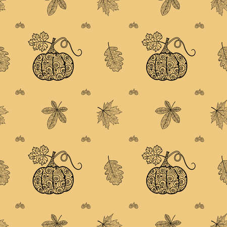 Seamless black and white pattern with pumpkins and autumn leaves. Autumn illustration for Halloween.An idea for magazines, wrapping and wrapping paper, notebook covers, diary and albums.のイラスト素材