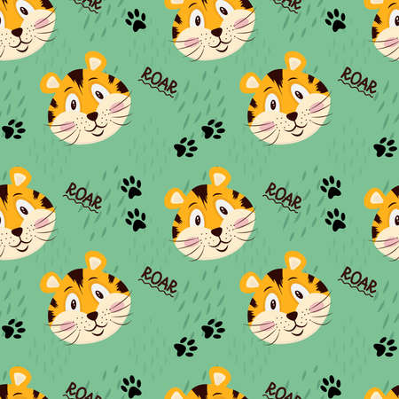 Seamless pattern with a cute tiger, a tiger cub is muzzle, a symbol of the new year 2022 on a green background. Vector illustration for postcards, banners, internet, decor, design, art, calendar.Web.のイラスト素材