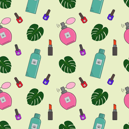 Vector seamless pattern of cosmetics.Creams, lipstick, nail polish, face masks. Cosmetics store, beauty salon, postcard design, wrapping paper and packaging prints. A banner with cosmetics.Web.のイラスト素材
