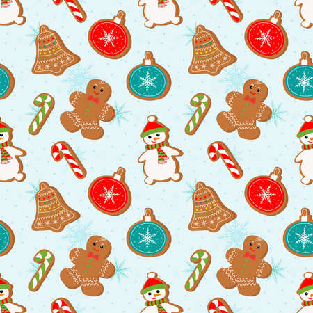 Winter Christmas seamless pattern with gingerbread man and cookies on a light background. Symbols of a Happy New Year and Christmas. Home decorations, gift wrapping paper, covers, fabrics.のイラスト素材