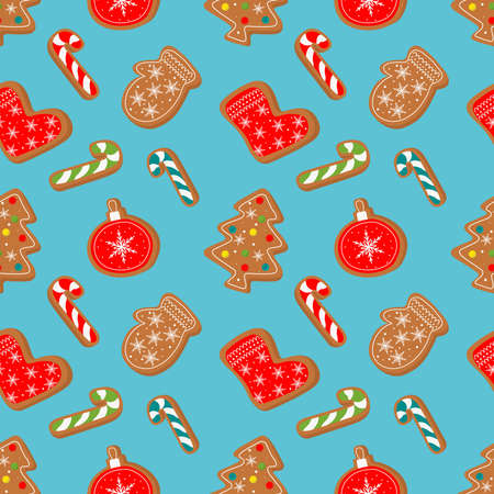 Winter Christmas seamless pattern with gingerbread and cookies on a blue background. Symbols of a Happy New Year and Christmas. Home decorations, gift wrapping paper, covers, fabrics. Web.のイラスト素材