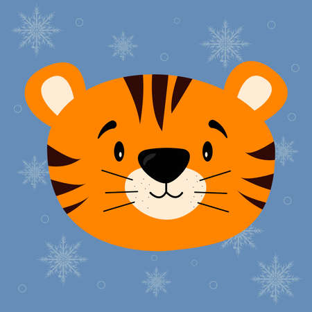 The funny face of a tiger is a symbol of the year 2022. Flat vector illustration on an isolated background. Vector illustration of a cartoon tiger. New Year, Christmas, holidays, advertising hero.のイラスト素材
