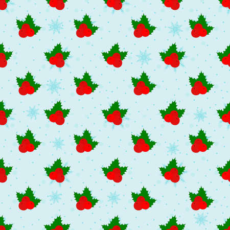 Christmas elements made of holly leaves and berry branches with snowflakes. Vector seamless pattern. Design for the greeting background of winter holidays, wrapping paper and New Year is cards.Webのイラスト素材
