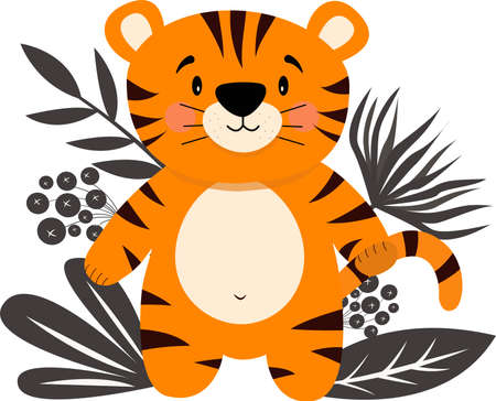 Cute cartoon tiger coming from the forest, isolated on a white background. Funny tiger is the symbol of 2022. Vector illustration of a cartoon tiger. New Year, Christmas, holidays, advertising hero.のイラスト素材