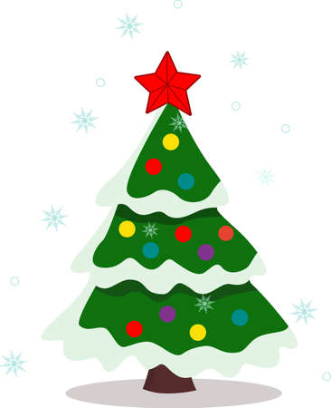 A beautiful elegant green Christmas tree, dressed up in bright Christmas toys. Snowflakes are circling. Vector illustration on a white background. Christmas illustration. Modern flat design.のイラスト素材