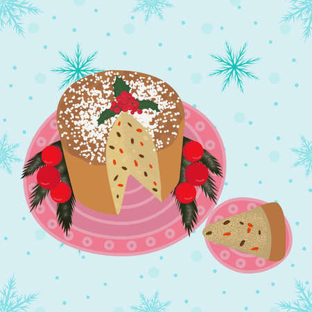 Christmas traditional sweet bread cake Panettone.Italian Panettone Christmas cake. Traditional sweet bread. Colorful cartoon-style illustration for a cafe, bakery, restaurant menu or logo and label.のイラスト素材