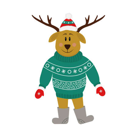 Cute cartoon deer with big horns and wearing a green sweater on an isolated white background. Funny vector illustration of a deer. New Year, Christmas, holidays, advertising hero.のイラスト素材