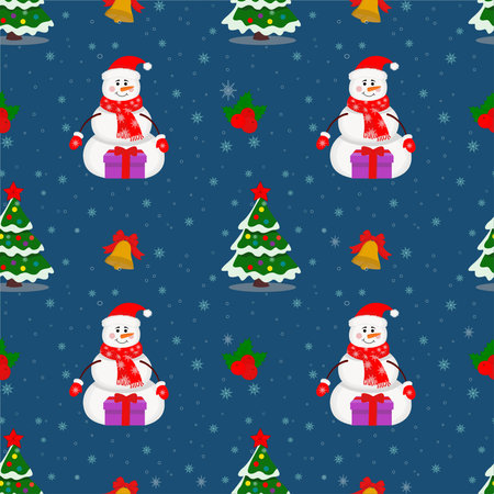 Christmas seamless pattern with snowman, Christmas tree, New Year gifts and gingerbread on a blue background, Winter pattern for wrapping paper and packaging,Christmas cards, web page background.のイラスト素材