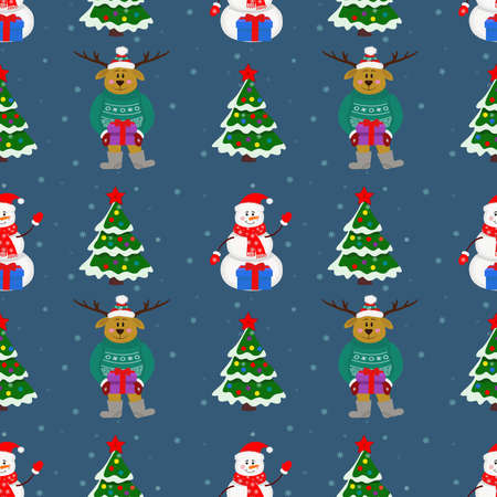 Christmas seamless pattern with snowman, Christmas tree, deer with gifts on a blue background. Winter pattern for wrapping paper and packaging, Christmas cards, web page background.のイラスト素材