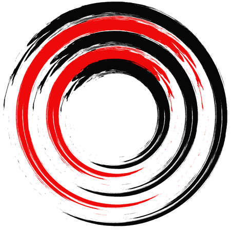 Vector illustration. Abstract circular outline in black and red ink on a white background. An element of calligraphy in Japanese or Chinese style.のイラスト素材