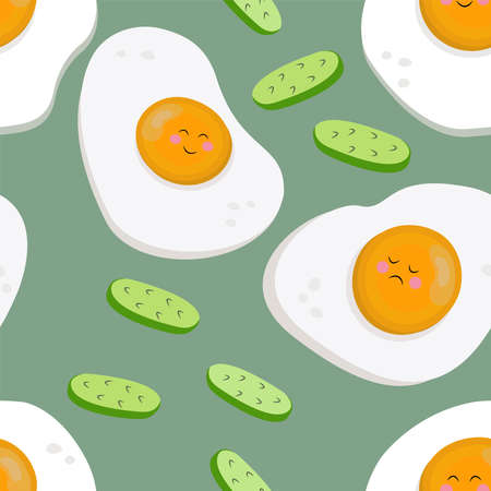 Seamless vector pattern of fried eggs. For printing, wrapping paper, restaurant menus, packaging, magazines,books, postcards,menu covers,web pages, fabrics, textiles, grocery stores.Nice illustration.のイラスト素材