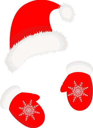 Santa Claus Christmas hat and mittens. A red hat and mittens with snowflakes. Vector hand-drawn illustration in cartoon style. Winter fashion. Christmas accessories.のイラスト素材