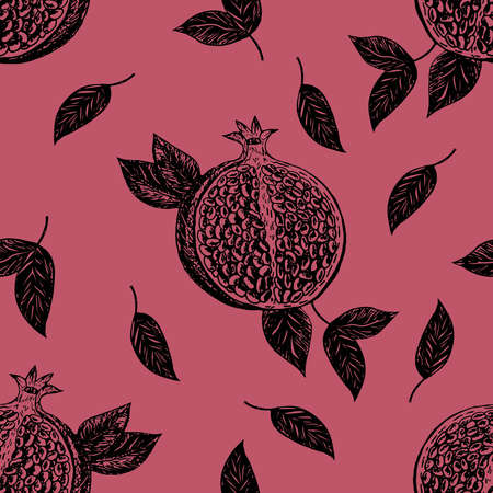 Seamless pattern with pomegranate fruits on a red background. Stock illustration on a horticultural theme. It is used for menus, advertisements and covers, packaging paper, food illustrations.のイラスト素材