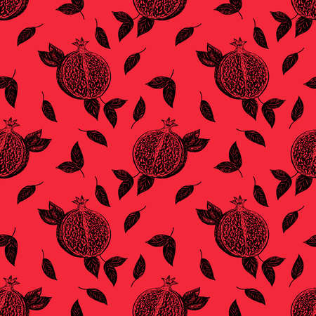 Seamless pattern with pomegranate fruits on a red background. Stock illustration on a horticultural theme. It is used for menus, advertisements and covers, packaging paper, food illustrations.のイラスト素材