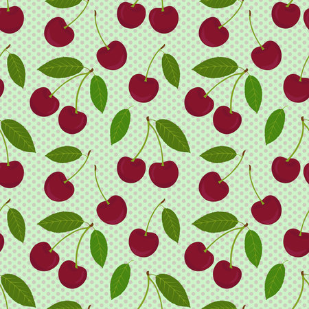 Cherry seamless vector pattern. For printing, wrapping paper, packaging, magazines, books, postcards, menu covers, web pages, fabric, textiles, fruit stores. Design of the surface pattern.のイラスト素材