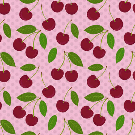 Seamless cherry pattern on pink background. For printing, wrapping paper, packaging, magazines, books, postcards, menu covers, web pages, fabrics, textiles, fruit stores. Stylish design.のイラスト素材