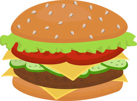 Illustration of a stylized hamburger or cheeseburger. Fast food food. Isolated on a white background.Cartoon delicious big hamburger with cheese and sesame seeds, isolated on a white background.のイラスト素材