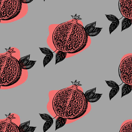 Seamless pattern with pomegranate fruits on a light background. stock illustration on a horticultural theme. It is used for menus, advertisements and covers, packaging paper, food illustrations.のイラスト素材
