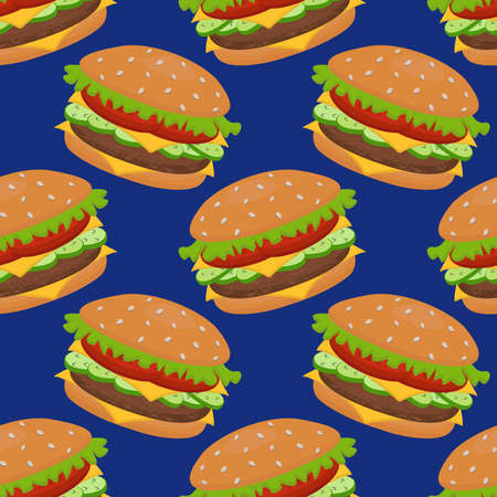 Vector seamless pattern with a hamburger. It can be used for textiles, website backgrounds, book covers, packaging, wrapping paper, cookbooks, restaurant menus. Food illustration.のイラスト素材