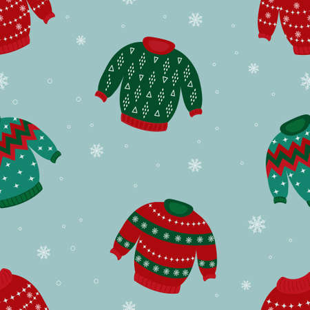 Vector set of Christmas sweaters with ornaments and festive decorations. Collection of knitted winter jumpers. Stylish fashion design. Winter sweaters and jumpers.Web. Vector illustrationのイラスト素材