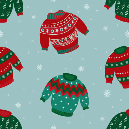 Vector set of Christmas sweaters with ornaments and festive decorations. Collection of knitted winter jumpers. Stylish fashion design. Winter sweaters and jumpers.Web. Vector illustrationのイラスト素材