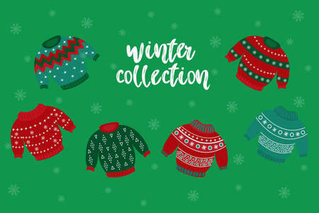 A set of traditional Christmas sweaters and jumpers. Vector isolated illustration of sweaters for a Christmas party. Warm knitted jumpers with snowflakes and ornaments. Winter collection.のイラスト素材