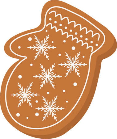 Festive cookies with gingerbread mitt. Cookies in the shape of a glove with icing and snowflakes .Happy New Year decoration.Merry Christmas.Celebrating New Year and Christmas. Vector illustrationのイラスト素材
