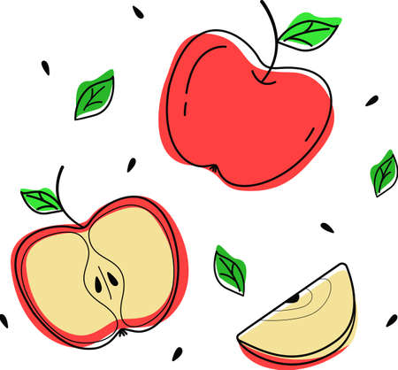 A set of painted apples,whole, halves, slices, isolated on a white background in a flat and cartoon style.Vector illustration. Isolated elements for design.のイラスト素材