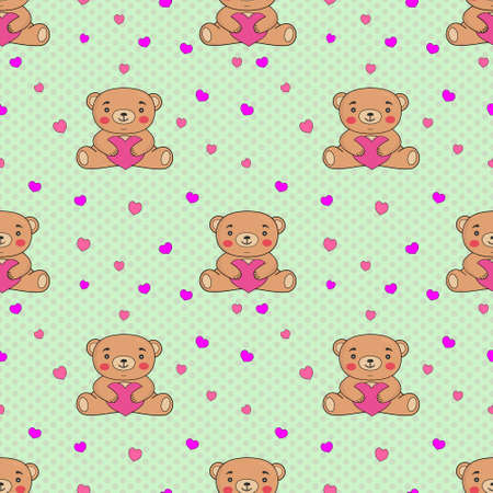 Seamless pattern with teddy bears and hearts on a light background. Suitable for Valentine is Day, Birthday, wedding cards, wrapping paper,background,wallpaper,textile design, children is books.Web.のイラスト素材