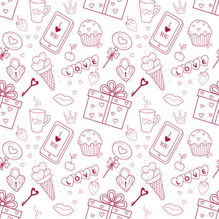 Cute seamless pattern on the theme of Valentine is Day, wedding, romantic events. Contour vector icons on a light background.のイラスト素材