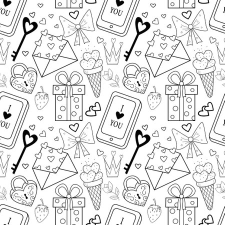 Cute seamless pattern on the theme of Valentine is Day, wedding, romantic events. Contour vector icons on a light background.のイラスト素材