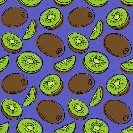 Painted seamless background with kiwi, abstract repeating pattern. For paper, cover, fabric, healthy food background, gift wrapping, wall art, interior decor. Illustration of food.のイラスト素材