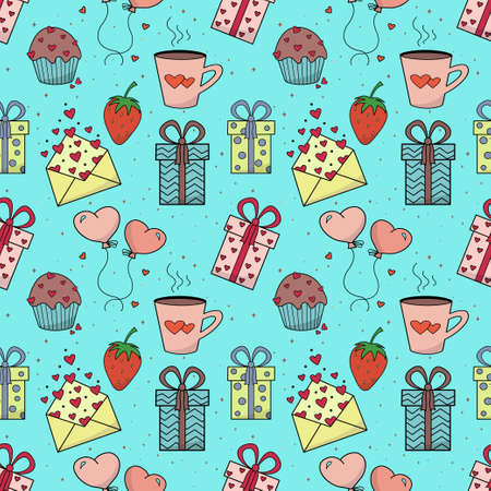 Cute seamless pattern on the theme of Valentine is Day, wedding, romantic events. Contour vector icons on a blue background.For websites and interfaces, mobile applications, icons, postcards.のイラスト素材