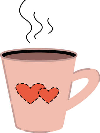 A hand drawn coffee cup with hearts. Valentine is day.An element of the decor of a wedding celebration.Simple contour vector, website or mobile application, advertisement, postcard, gift.のイラスト素材